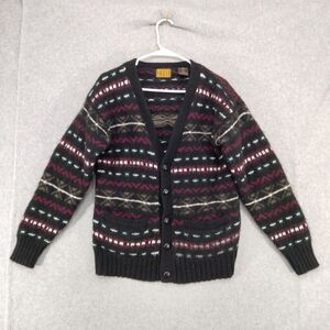 Pause Cardigan Sweater Wmns L 90's Black Aztec Print 100% Shetland Wool V-Neck